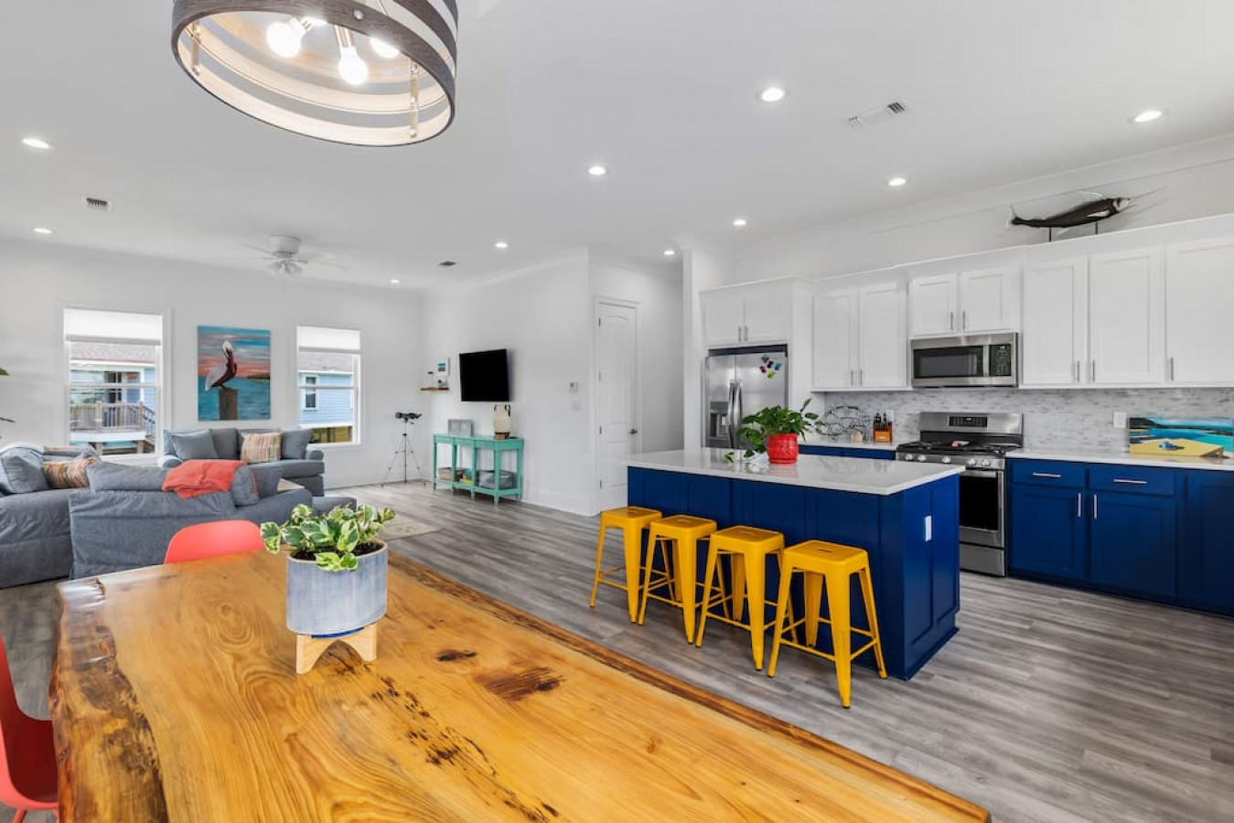 Bright open kitchen and living area at the Family Beach House